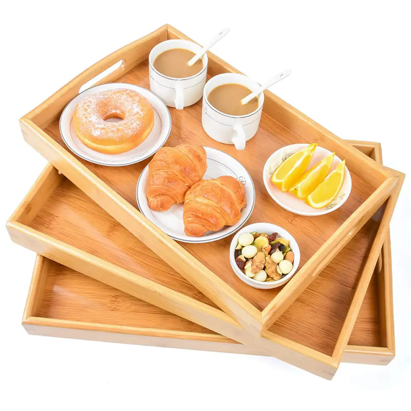 Bandeja de cozinha de 3 peças bandeja de comida com alça de bandeja de bambu (1)
